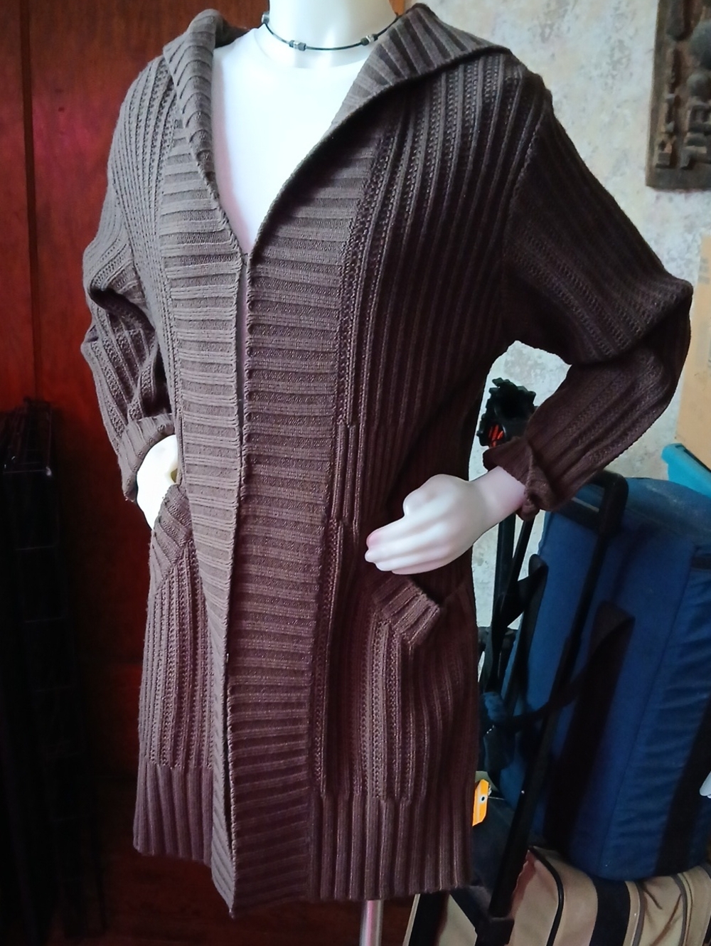 Sweater...3 Hook front closure...Long Brown Hooded Ribbed Cardigan Sweater